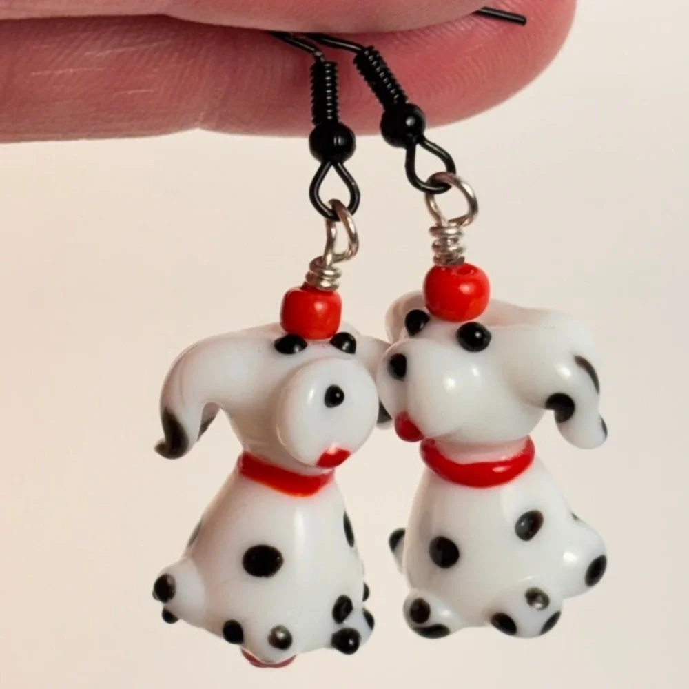 Handmade Dalmatian Dog Earrings White Art Glass Lampwork Whimsygoth Boho Chic